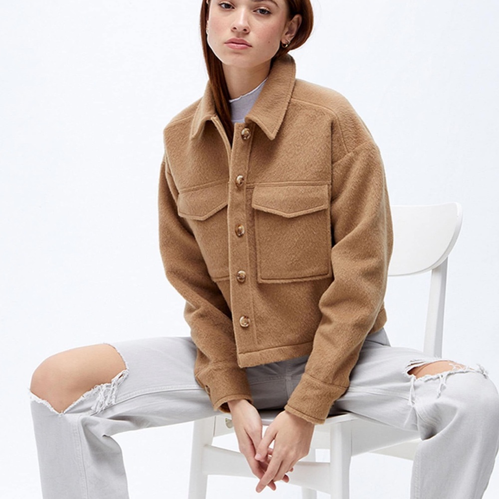 La Hearts Tan Button-Up Wool Shacket